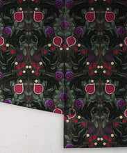 Load image into Gallery viewer, Figs &amp; Strawberries Wallpaper • Botanical Fruit Wallpaper • Forest Green • Roll