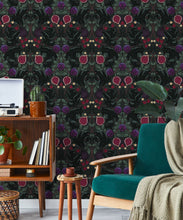 Load image into Gallery viewer, Figs &amp; Strawberries Wallpaper • Botanical Fruit Wallpaper • Forest Green • Insitu