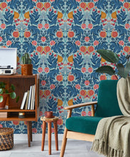 Load image into Gallery viewer, Figs &amp; Strawberries Wallpaper • Botanical Fruit Wallpaper • Powder Blue &amp; Ochre • Insitu