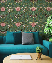 Load image into Gallery viewer, Huai &amp; Chrysanthemums Wallpaper • Khaki Green • Insitu
