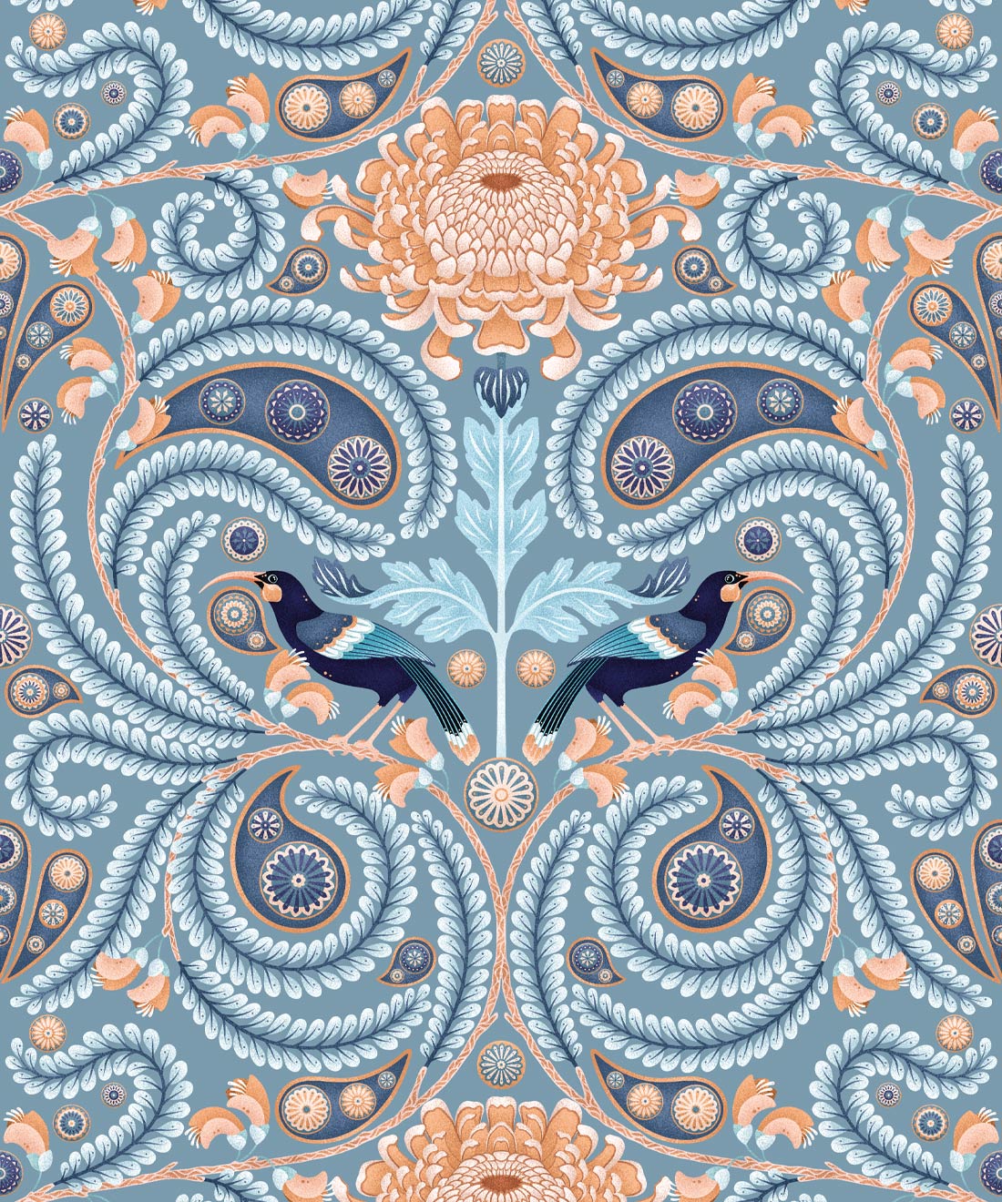 Huai & Chrysanthemums Wallpaper • Slate Blue • Swatch
