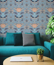 Load image into Gallery viewer, Huai &amp; Chrysanthemums Wallpaper • Slate Blue • Insitu