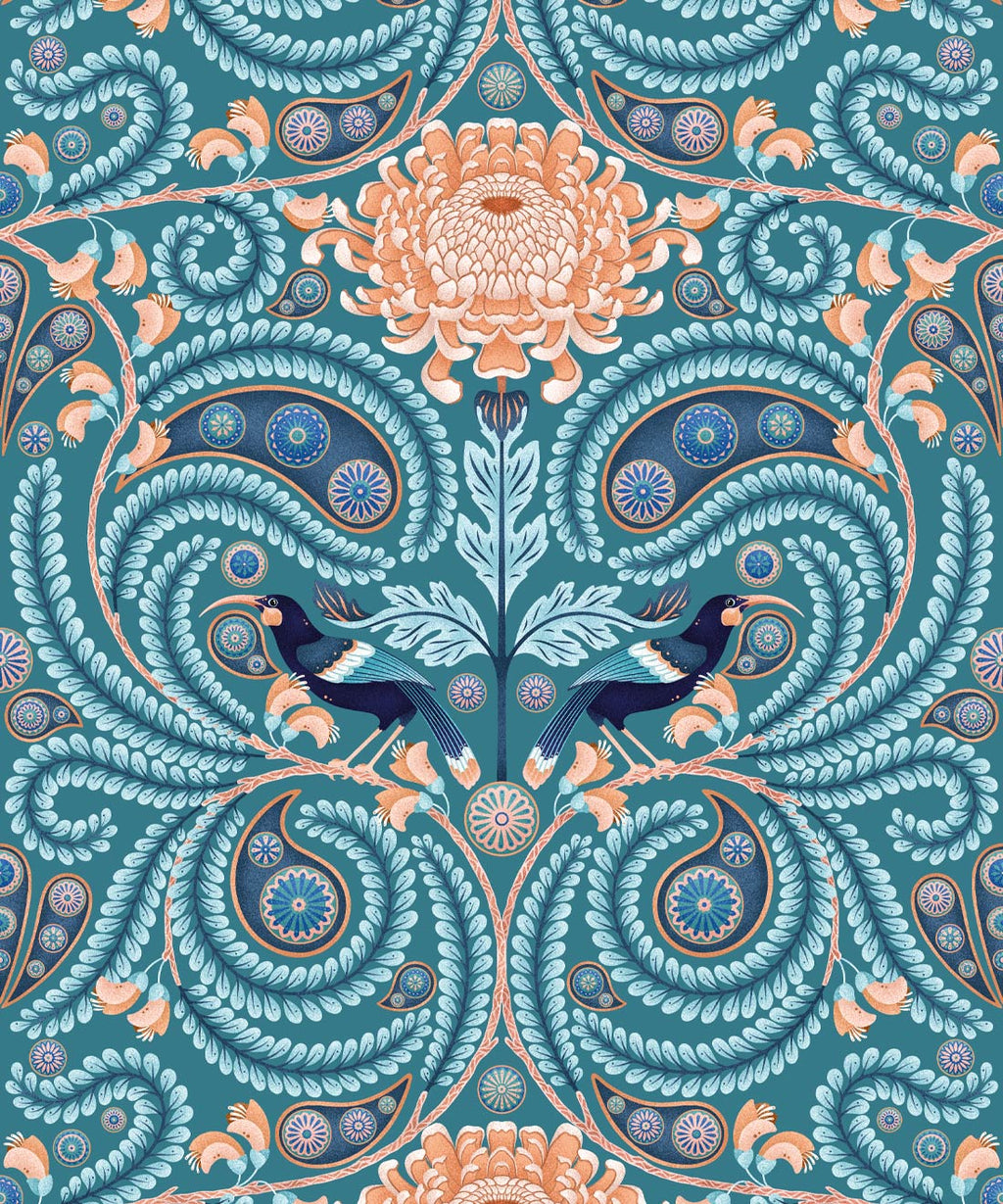 Huai & Chrysanthemums Wallpaper • Teal • Swatch