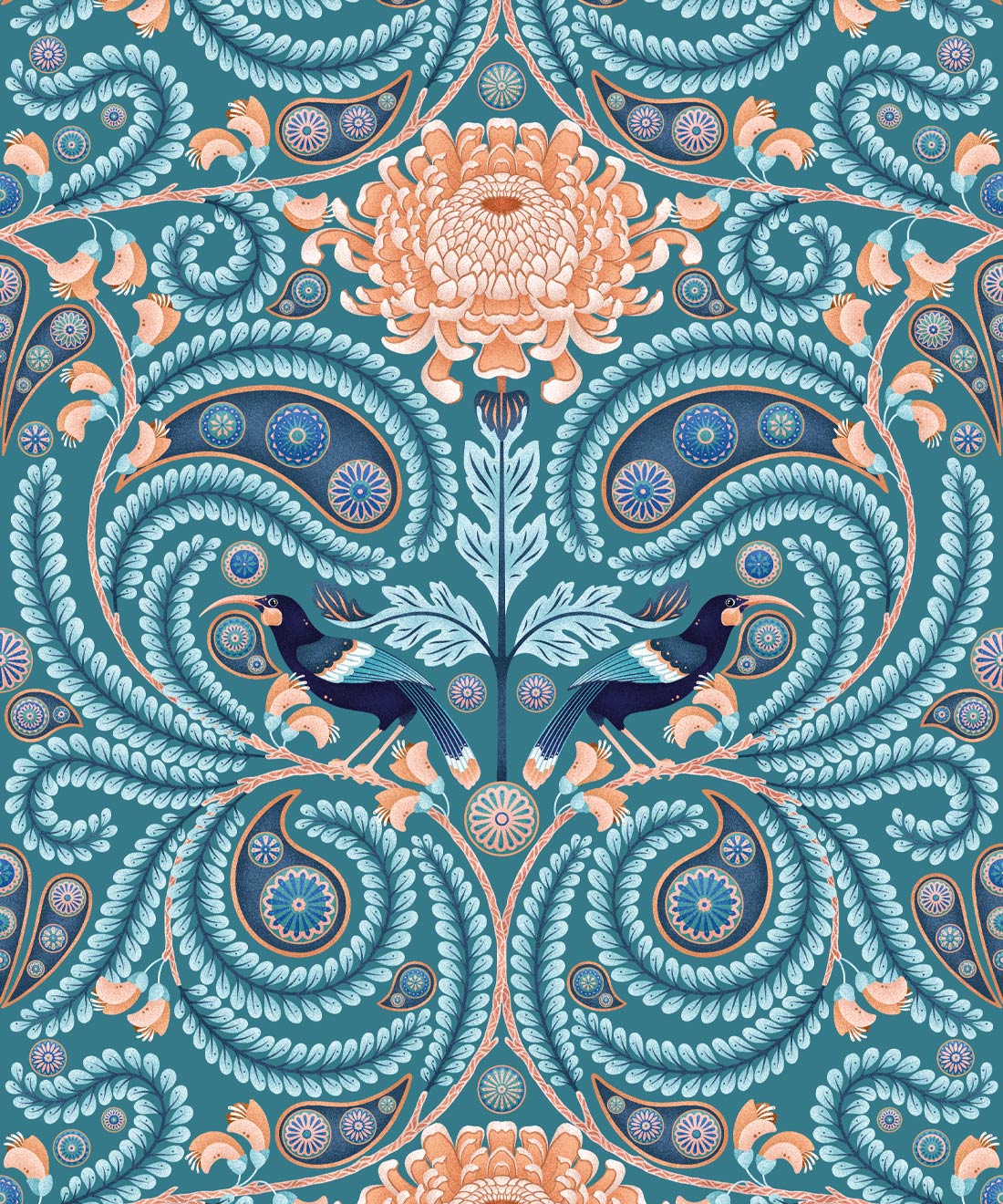 Huia & Chrysanthemum Wallpaper