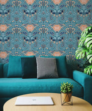 Load image into Gallery viewer, Huai &amp; Chrysanthemums Wallpaper • Teal • Insitu