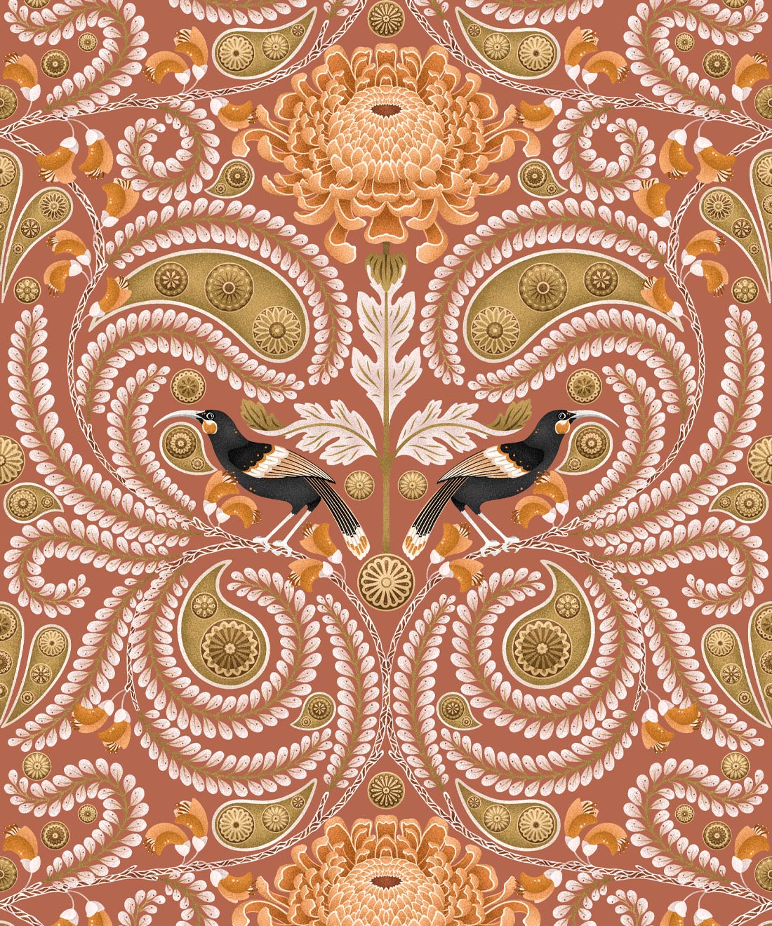 Huai & Chrysanthemums Wallpaper • Terracotta • Swatch