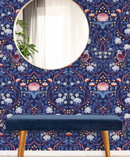 Load image into Gallery viewer, Turtle Doves Wallpaper • Bold Colorful Bird Wallpaper • Blueberry • Insitu