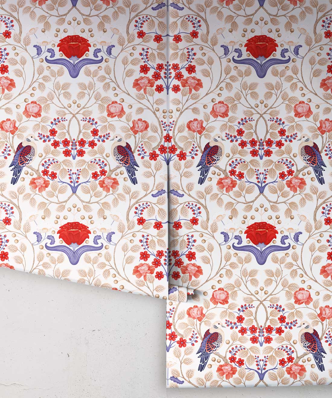 Turtle Doves Wallpaper • Bold Colorful Bird Wallpaper • Creme • Rolls
