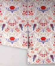 Load image into Gallery viewer, Turtle Doves Wallpaper • Bold Colorful Bird Wallpaper • Creme • Rolls