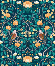 Load image into Gallery viewer, Turtle Doves Wallpaper • Bold Colorful Bird Wallpaper • Emerald • Swatch