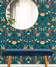 Load image into Gallery viewer, Turtle Doves Wallpaper • Bold Colorful Bird Wallpaper • Emerald • Insitu