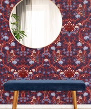 Load image into Gallery viewer, Turtle Doves Wallpaper • Bold Colorful Bird Wallpaper • Merlot • Insitu