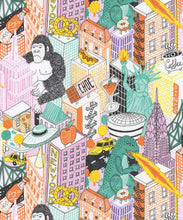 Load image into Gallery viewer, New York City Wallpaper by Jacqueline Colley featuring Godzilla, King Kong, a UFO, buildings and the statue of liberty swatch