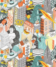 Load image into Gallery viewer, New York City Wallpaper by Jacqueline Colley featuring Godzilla, King Kong, a UFO, buildings and the statue of liberty • Grey • swatch