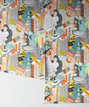 Load image into Gallery viewer, New York City Wallpaper by Jacqueline Colley featuring Godzilla, King Kong, a UFO, buildings and the statue of liberty • Grey • Rolls