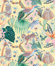 Load image into Gallery viewer, Yucatan Wallpaper featuring Leopards, Iguanas, and Mayan ruins Chichén Itzá • Yellow • swatch