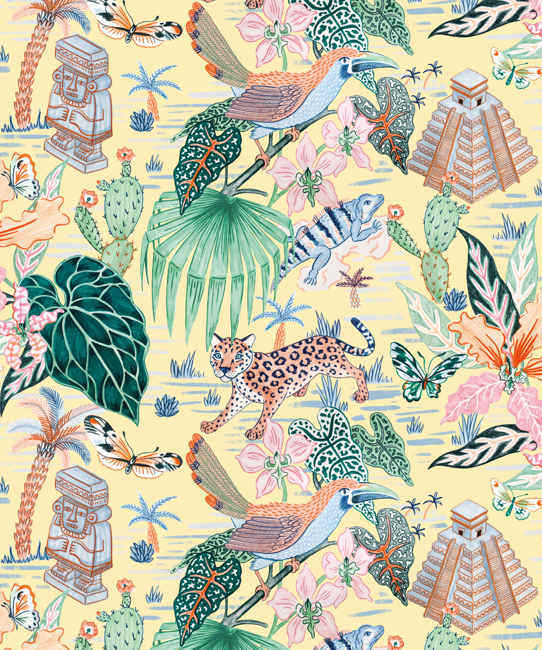 Yucatan Wallpaper featuring Leopards, Iguanas, and Mayan ruins Chichén Itzá • Yellow • swatch