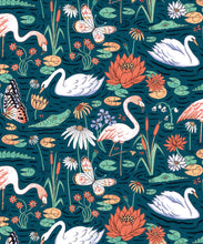 Load image into Gallery viewer, Pond Pattern Wallpaper featuring alligators, swans, flamingos and lily pads • Dark •swatch