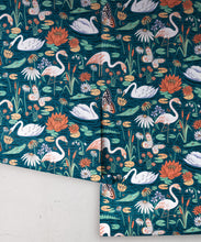 Load image into Gallery viewer, Pond Pattern Wallpaper featuring alligators, swans, flamingos and lily pads • Dark • rolls