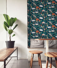 Load image into Gallery viewer, Pond Pattern Wallpaper featuring alligators, swans, flamingos and lily pads • Dark • insitu