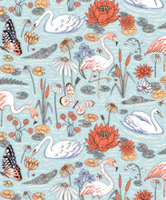Load image into Gallery viewer, Pond Pattern Wallpaper featuring alligators, swans, flamingos and lily pads • Light • Swatch