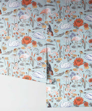 Load image into Gallery viewer, Pond Pattern Wallpaper featuring alligators, swans, flamingos and lily pads • Light • Rolls