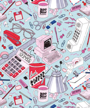 Load image into Gallery viewer, 1980's Office Wallpaper featuring calculators, staplers, computers, phones on a messy desk • retro wallpaper