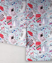 Load image into Gallery viewer, 1980's Office Wallpaper featuring calculators, staplers, computers, phones on a messy desk • retro wallpaper rolls
