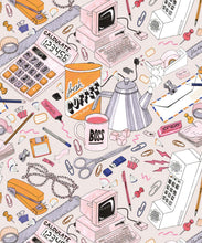 Load image into Gallery viewer, 1980's Office Wallpaper featuring calculators, staplers, computers, phones on a messy desk • retro wallpaper • Swatch