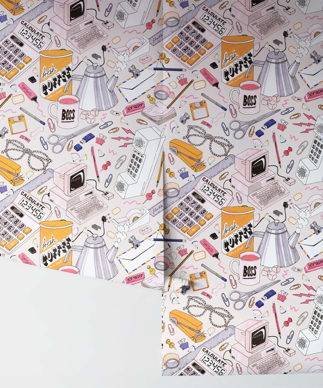 1980's Office Wallpaper featuring calculators, staplers, computers, phones on a messy desk • retro wallpaper • Rolls