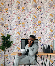 Load image into Gallery viewer, 1980's Office Wallpaper featuring calculators, staplers, computers, phones on a messy desk • retro wallpaper • Insitu