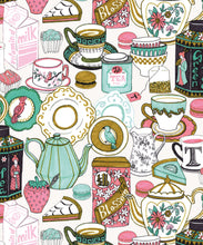 Load image into Gallery viewer, Tea Time Wallpaper • tea cups, tea pots, macaroons • milk and cream swatch