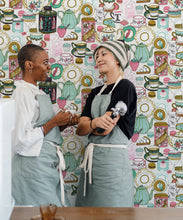 Load image into Gallery viewer, Tea Time Wallpaper • tea cups, tea pots, macaroons • milk and cream insitu