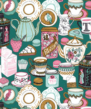 Load image into Gallery viewer, Tea Time Wallpaper • tea cups, tea pots, macaroons • milk and cream • Teal • swatch