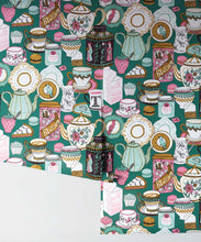 Load image into Gallery viewer, Tea Time Wallpaper • tea cups, tea pots, macaroons • milk and cream • Teal • Roll