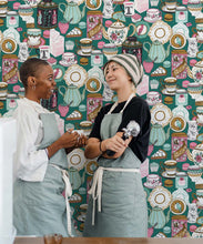Load image into Gallery viewer, Tea Time Wallpaper • tea cups, tea pots, macaroons • milk and cream • Teal • Insitu