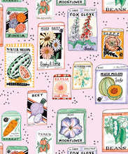Load image into Gallery viewer, Seed Packets Wallpaper featuring watermelon, carrot, beet, beans, poppy, daisy • Pink • swatch