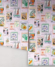 Load image into Gallery viewer, Seed Packets Wallpaper featuring watermelon, carrot, beet, beans, poppy, daisy • Pink • Rolls