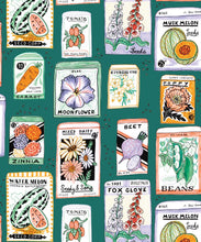 Load image into Gallery viewer, Seed Packets Wallpaper featuring watermelon, carrot, beet, beans, poppy, daisy • Teal • swatch
