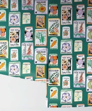 Load image into Gallery viewer, Seed Packets Wallpaper featuring watermelon, carrot, beet, beans, poppy, daisy • Teal • Rolls