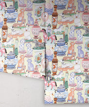 Load image into Gallery viewer, Ceramics Wallpaper featuring vases of dogs, cats, zebras, lions, parrots and unicorns • Yellow • Rolls