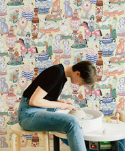 Load image into Gallery viewer, Ceramics Wallpaper featuring vases of dogs, cats, zebras, lions, parrots and unicorns • Yellow • Insitu