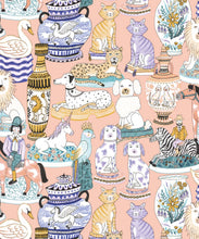 Load image into Gallery viewer, Ceramics Wallpaper featuring vases of dogs, cats, zebras, lions, parrots and unicorns • Coral • swatch