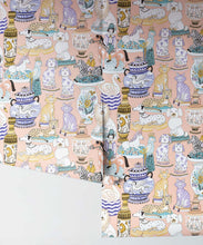 Load image into Gallery viewer, Ceramics Wallpaper featuring vases of dogs, cats, zebras, lions, parrots and unicorns • Coral • Rolls