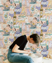 Load image into Gallery viewer, Ceramics Wallpaper featuring vases of dogs, cats, zebras, lions, parrots and unicorns • Coral • Insitu