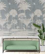 Load image into Gallery viewer, Shadow Palms Wallpaper Mural •Bethany Linz • Palm Tree Mural • Blue • Insitu with mint green sofa