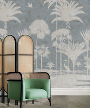 Load image into Gallery viewer, Shadow Palms Wallpaper Mural •Bethany Linz • Palm Tree Mural • Blue • Insitu with mint green chair