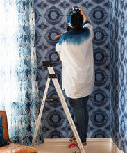 Load image into Gallery viewer, Aztec Suns Wallpaper Indigo Blue • Shibori Geometric • Wallpaper Installation