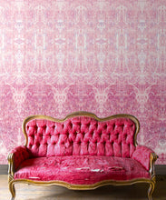 Load image into Gallery viewer, Hori Wallpaper by Simcox • Color Rose • Abstract Wallpaper • insitu with a pink sofa