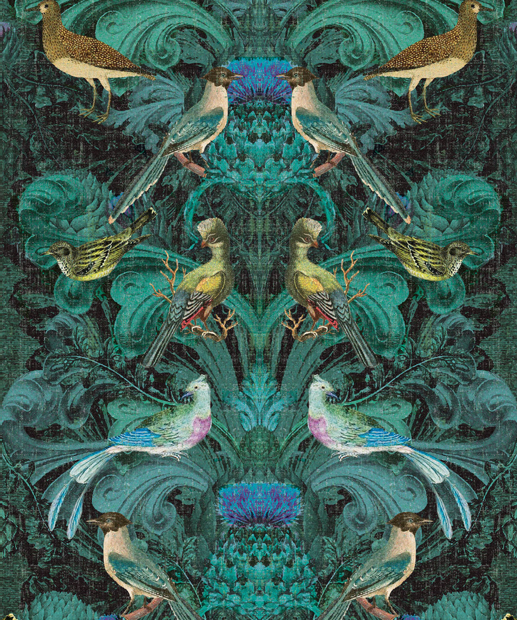 Birdlife in Blue a modern baroque wallpaper